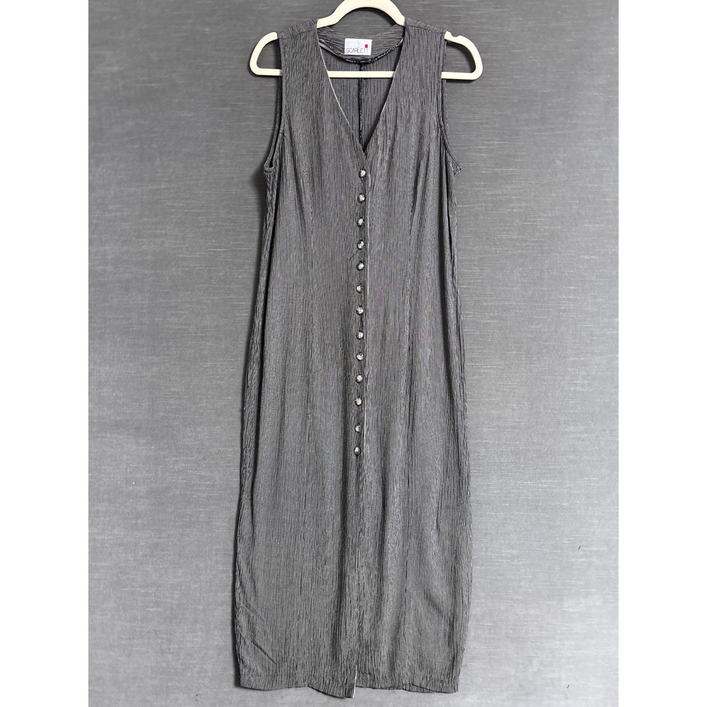 Vintage Scarlett Dress Medium Black White Button Tie Back 90s Midi Sheath Grunge